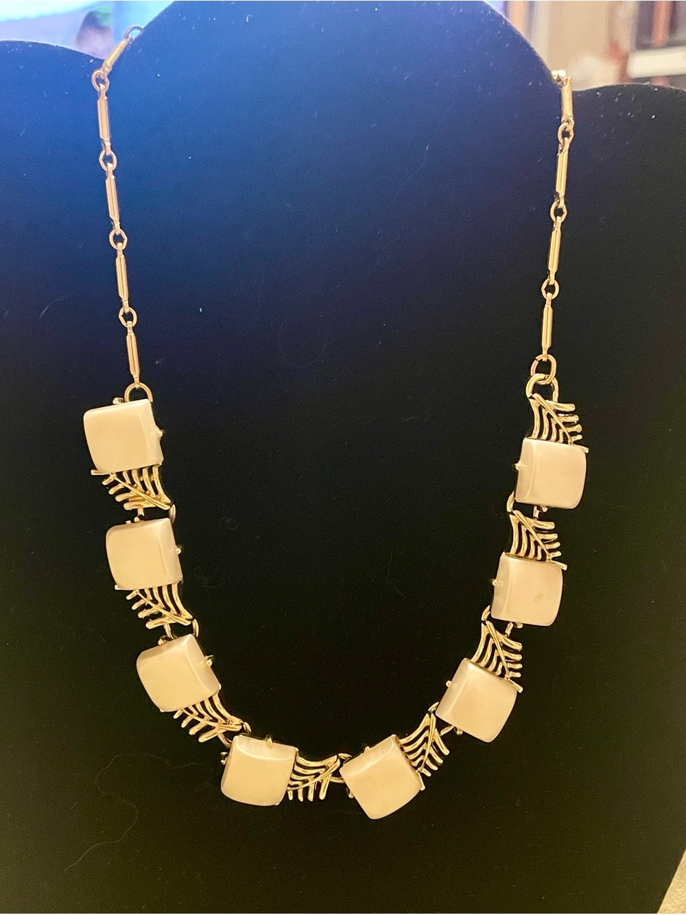 Coro Silver Tone Vintage Necklace with Pearl White Square Cabochons